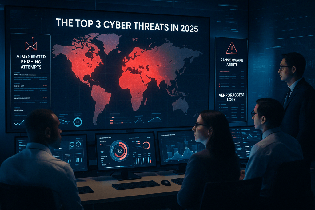 Cybersecurity analysts monitoring top 2025 threats in a futuristic digital war room.
