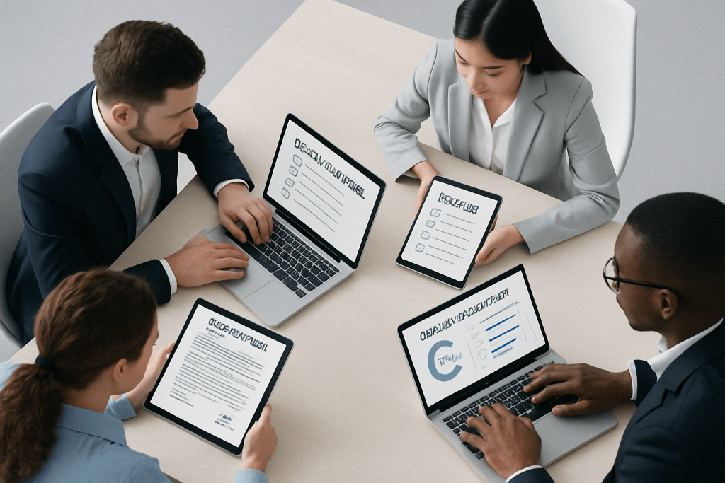 Team reviewing access control policy on digital devices.
