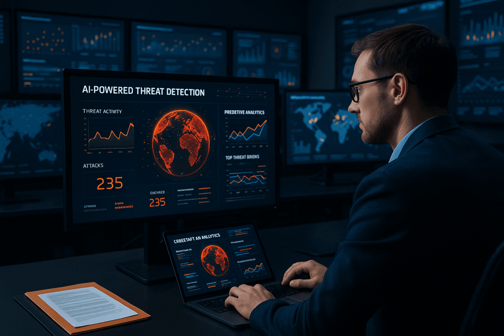 Cybersecurity analyst using AI tools for threat detection and incident response in a modern operations center.