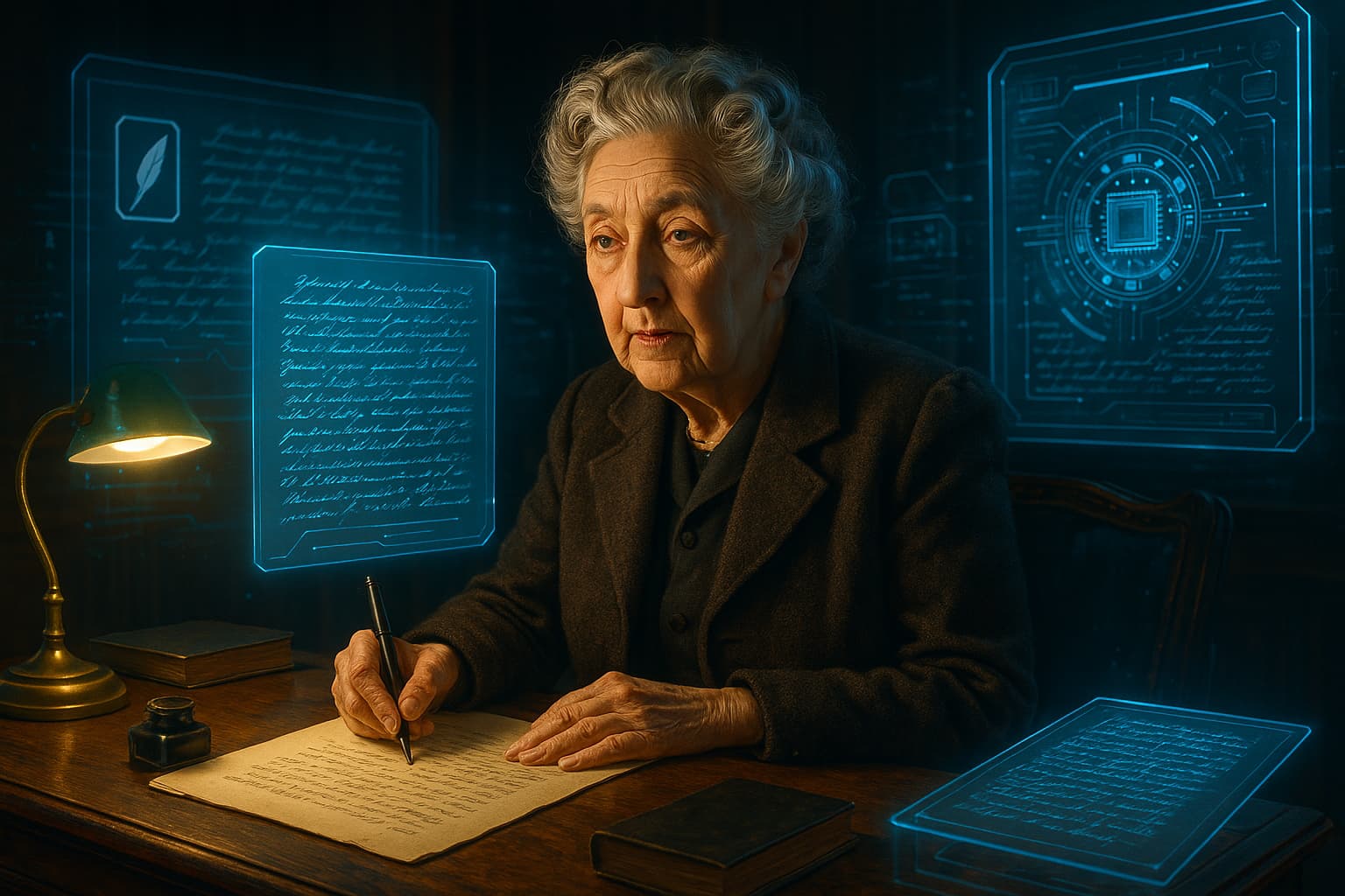 Digital representation of Agatha Christie at a writing desk with holographic elements.