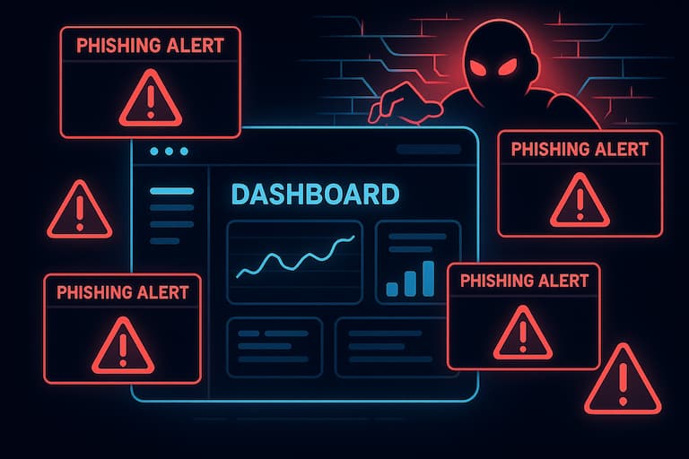 AI bot attempting to infiltrate a secured website interface filled with phishing alerts.