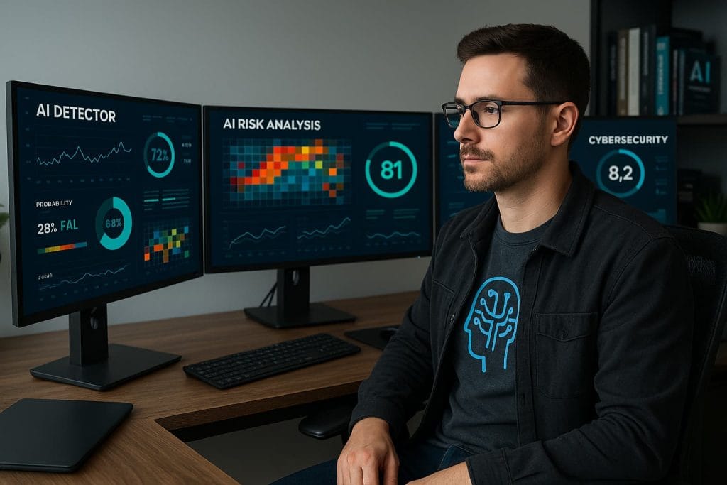 A user comparing AI detection tools on multiple monitors.