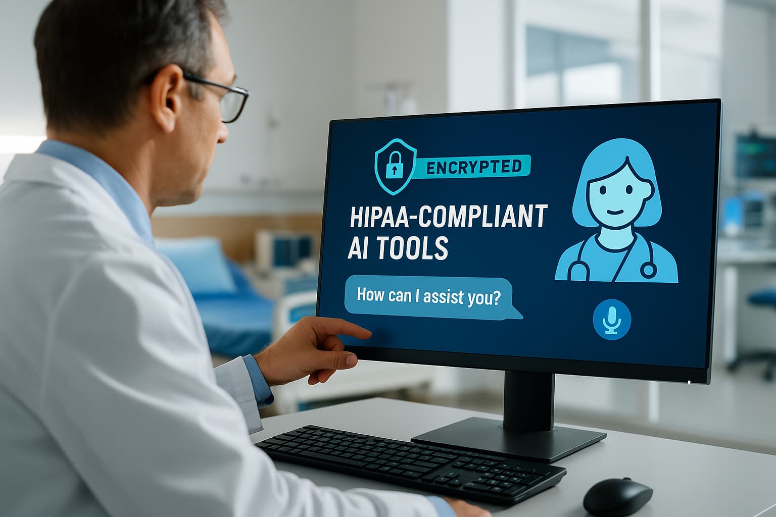 Doctor using HIPAA-compliant AI system in hospital