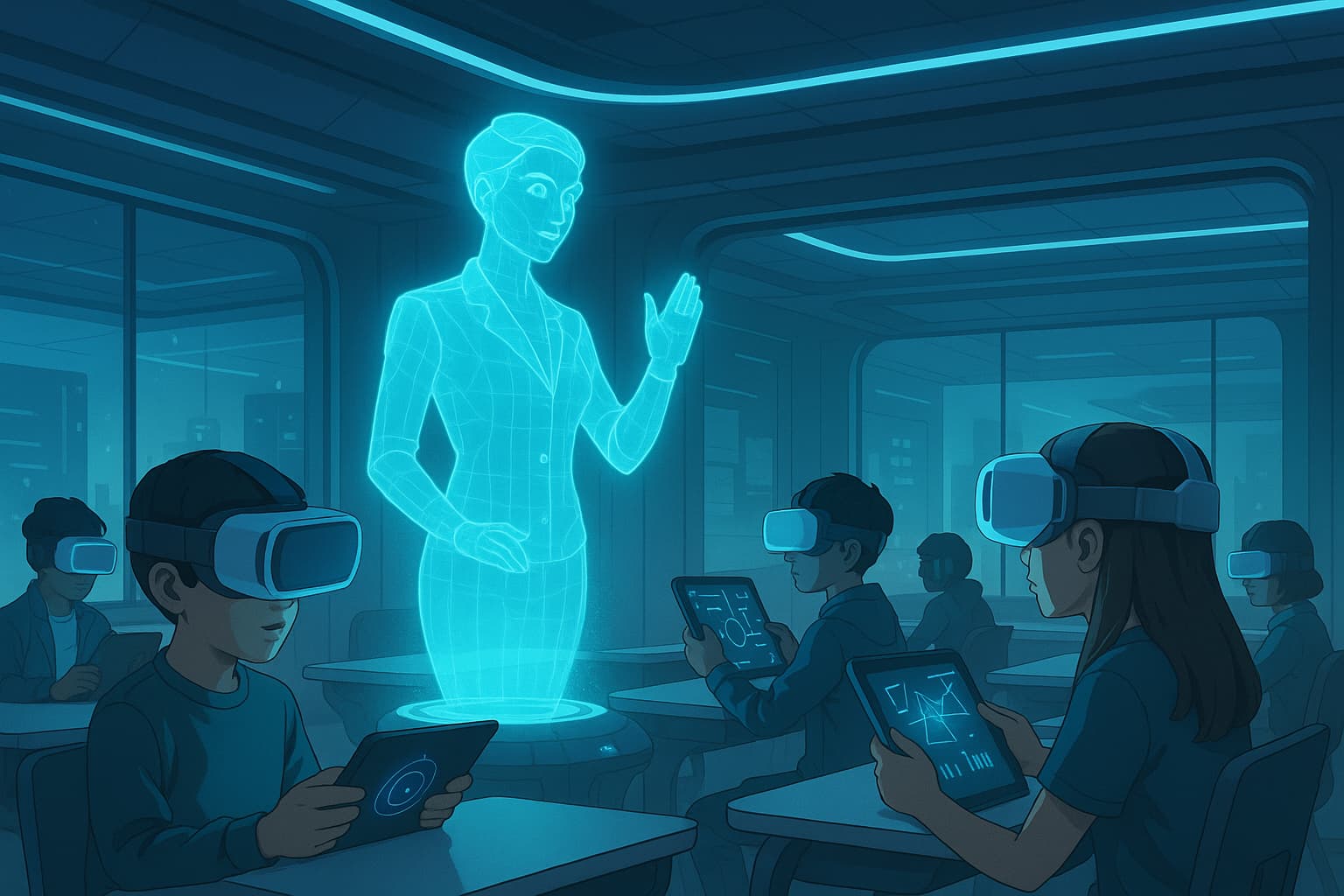 Students and teacher in a tech-enabled classroom using AI tools.