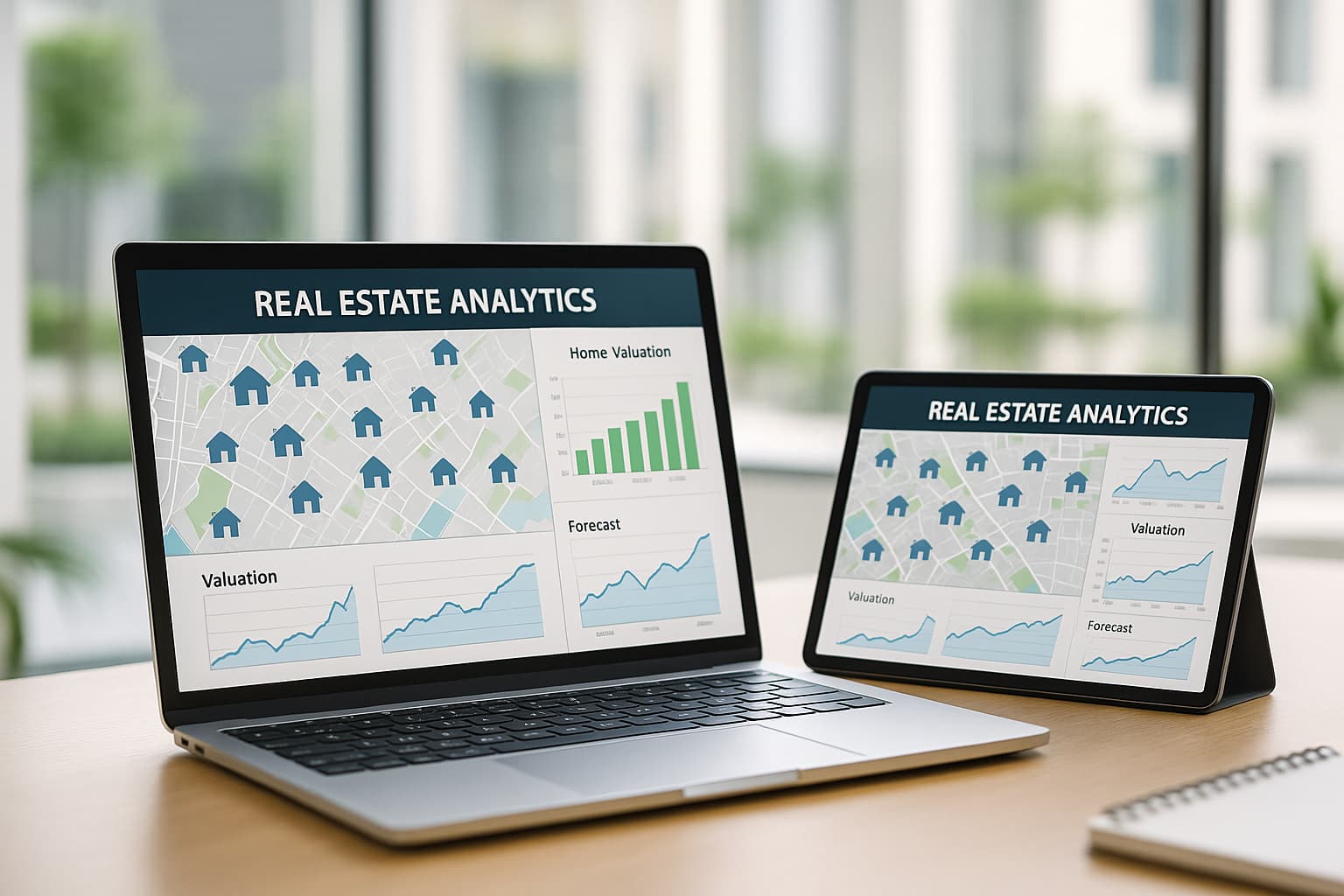 Dual-screen analytics dashboard visualizing property values and forecast charts.