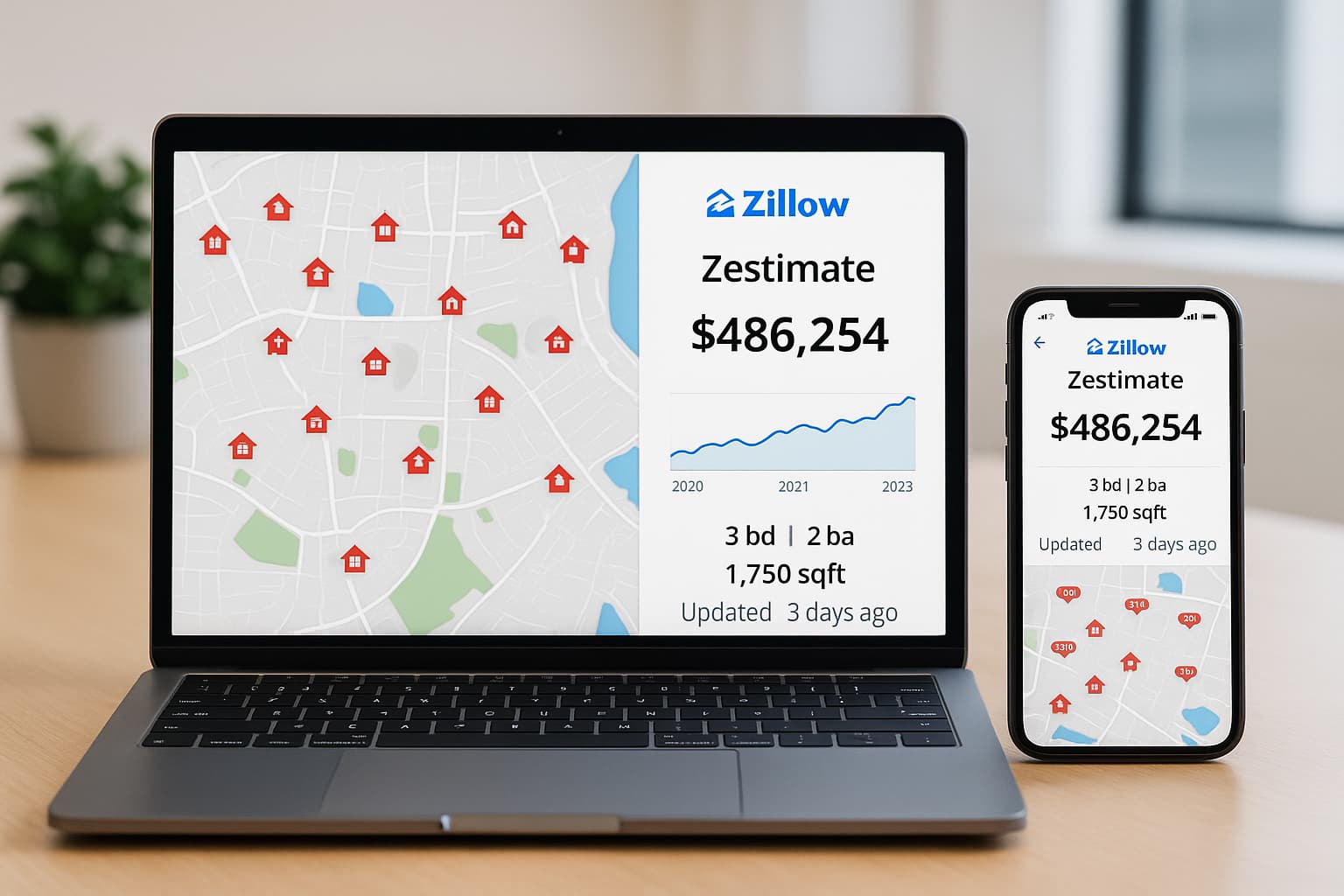 Devices displaying home valuations and map analytics for real estate.