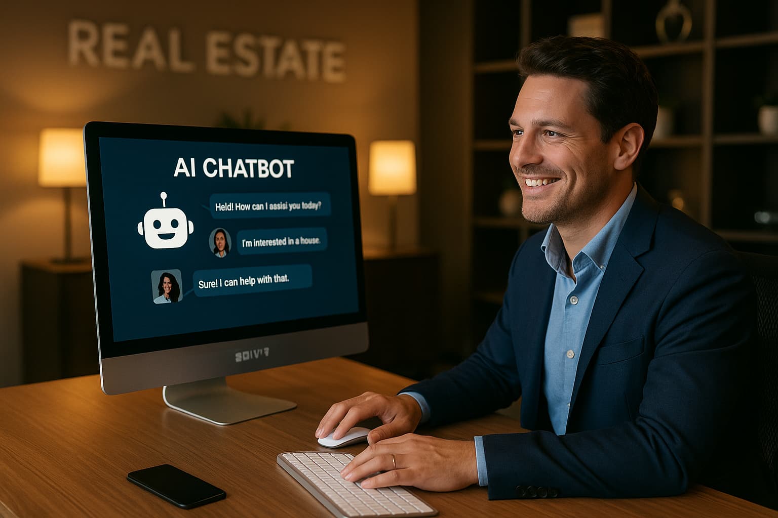 Real estate agent interacting with an AI chatbot on screen.